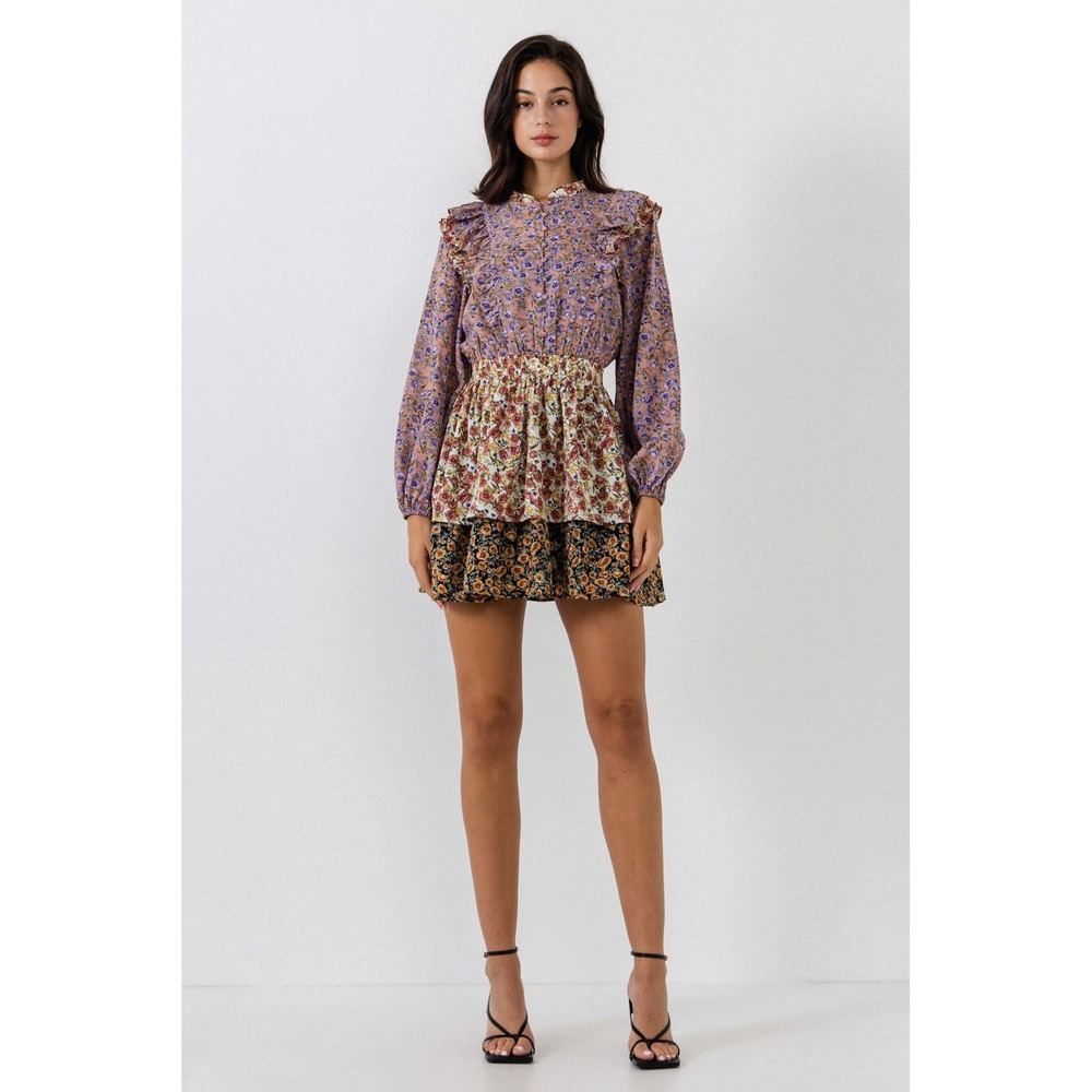 Free The Roses Floral Tiered Mini Dress Long Sleeve Ruffle Multicolor Size XL